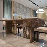 White Marble Dining Table with Woven Leather Side Panels and Polished Metal Frame